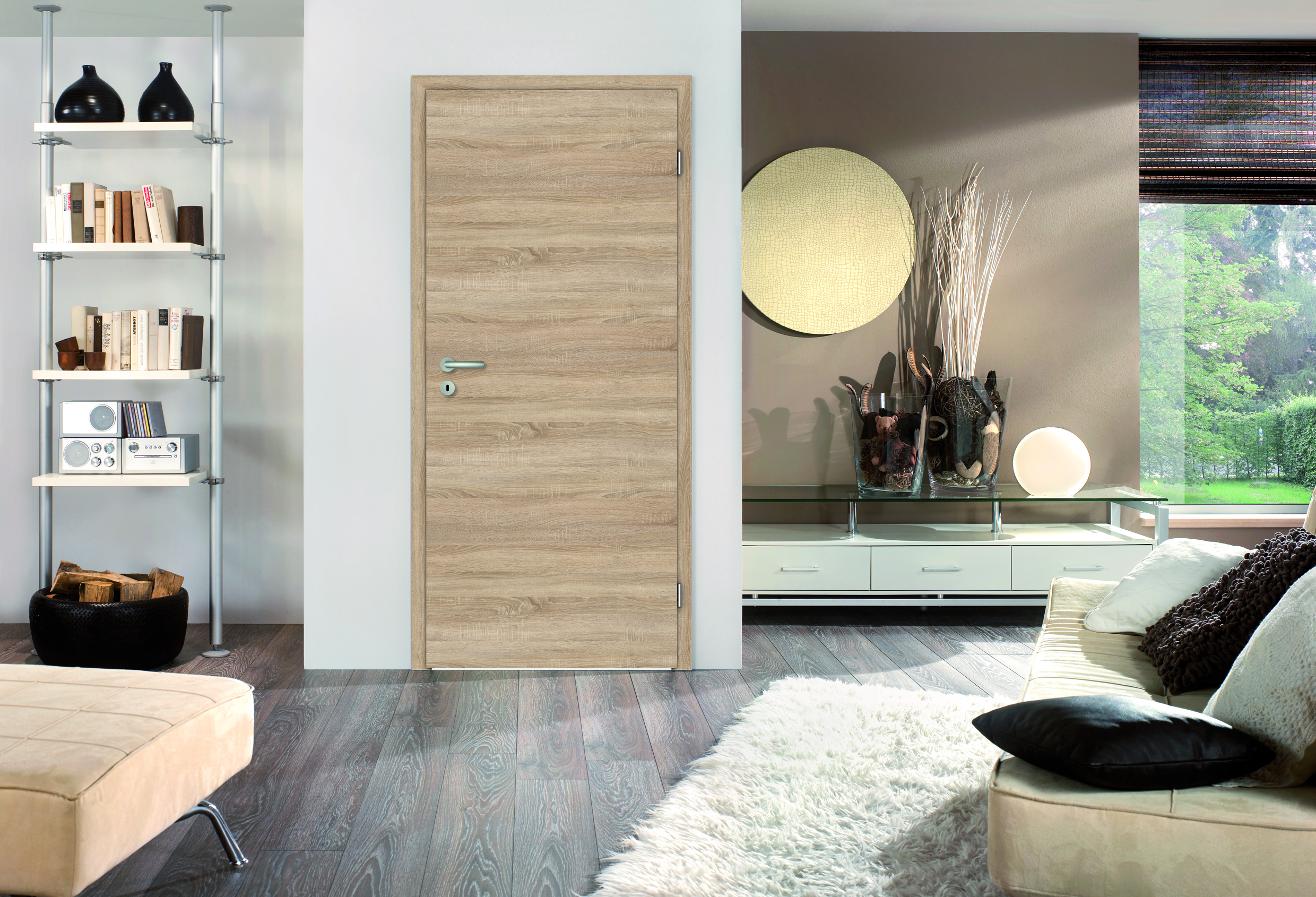 High quality interior door that enhances the uniqueness of the interior design of this home, in Oak Varnish.