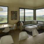 Inside cabin view, picturing the living, kitchen and dining area.